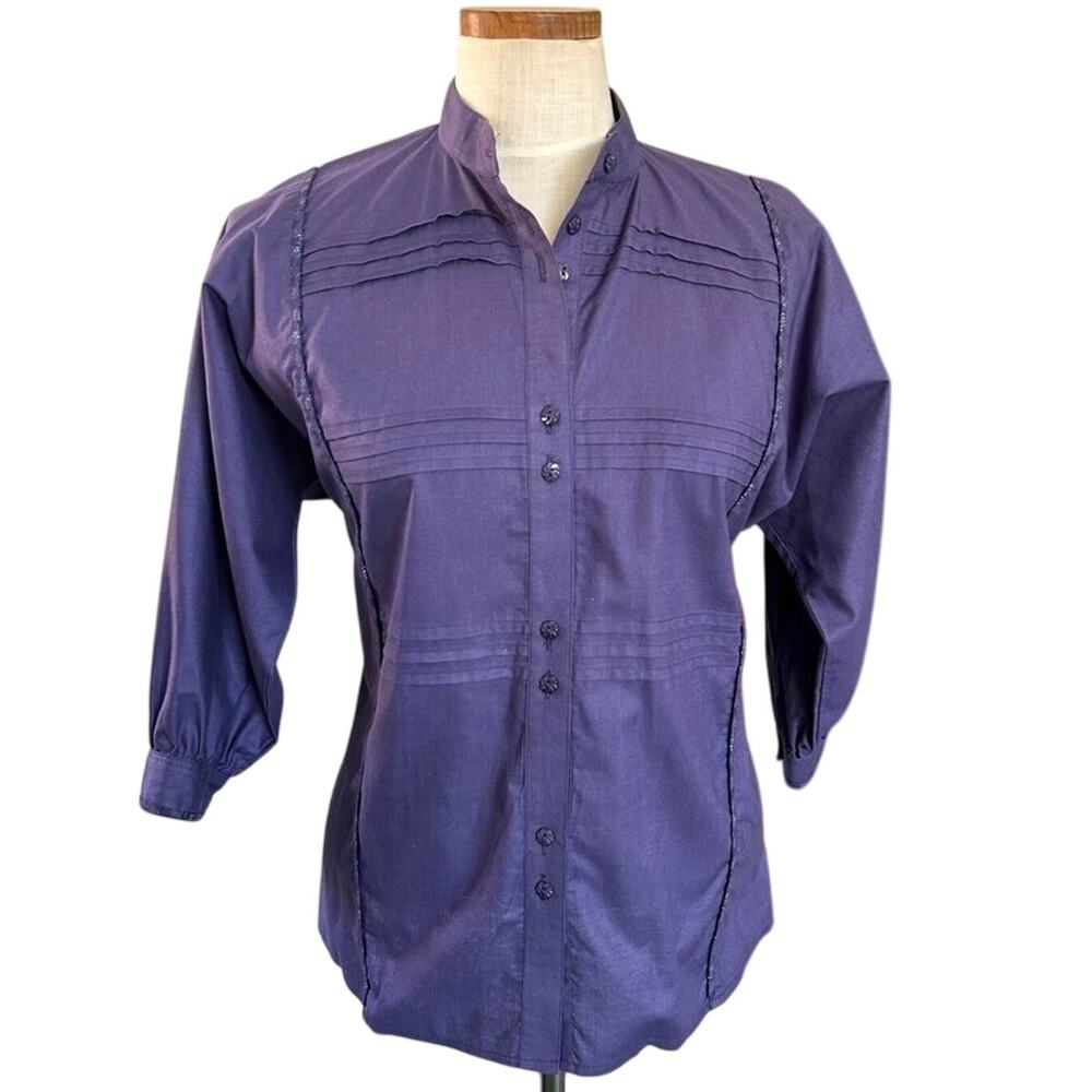 Geiger Tyrol Austria Cotton Pintuck Blouse Womens 40 Purple Button Down Vintage